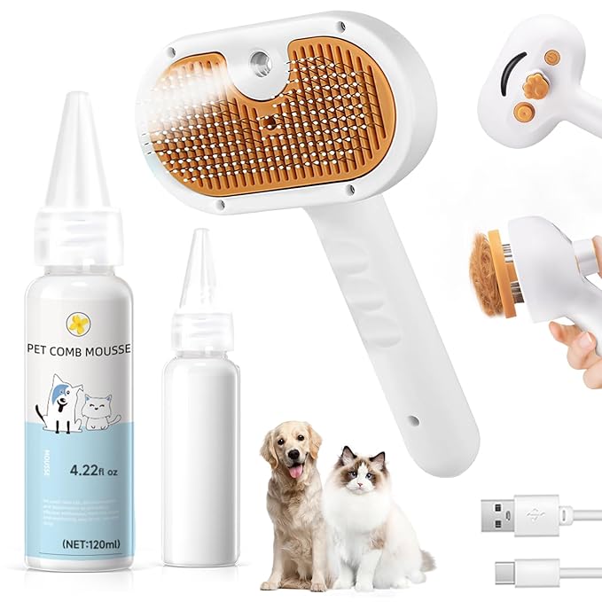 Steam Brush for Dog & Cat – 3-in-1 Pet Spray Hair Removal Comb – Pet Grooming & Shedding Steam – Includes Waterless Shampoo – Water Brush for Long & Short Haired Pets – Defur Spritz Comb-Mewly Pet