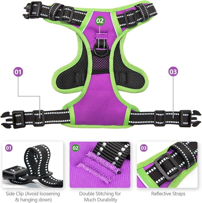 PHOEPET 2019 Upgraded No Pull Dog Harness, Reflective Adjustable Vest, with a Training Handle + 2 Metal Leash Hooks+ 3 Snap Buckles +4 Slide Buckles(S, Purple)-Mewly Pet