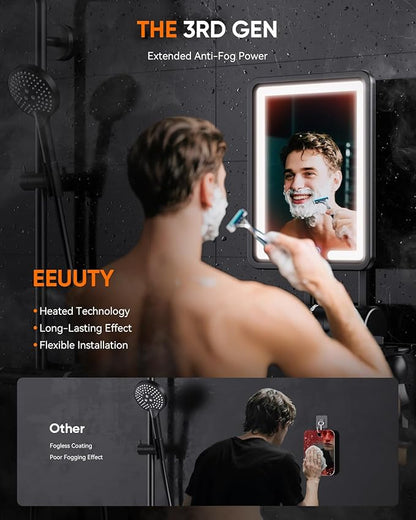 Heated Shower Mirror Fogless for Shaving 2025 New, 3 Colors Stepless Dimmable Lights Anti Fog Shower Mirror, Fog Free Mirror for Shaving with Razor Holder for Men, NO-Drilling, Removable - Black