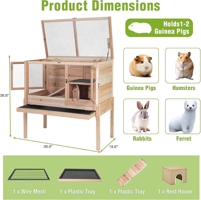 GUTINNEEN Indoor Guinea Pig Cages - Wooden Rabbit Cage Bunny Hutch with Chew-Proof Ramp, Pull-Out Tray, Leakproof PVC Layer & Detachable Legs for Rabbits, Guinea Pigs (Natural Wood)-Mewly Pet
