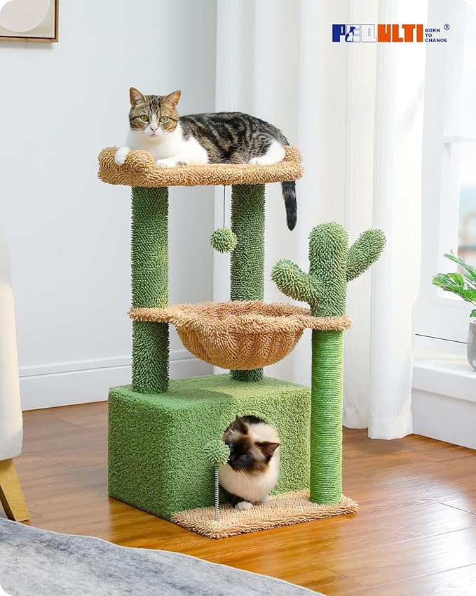 PEQULTI 4-in-1 Cactus Cat Tree, 33'' Cat Tower for Indoor Cats with Large Condo, Cat Scratching Post for Cats with Deep Hammock& Cozy Top Perch,Green-Mewly Pet