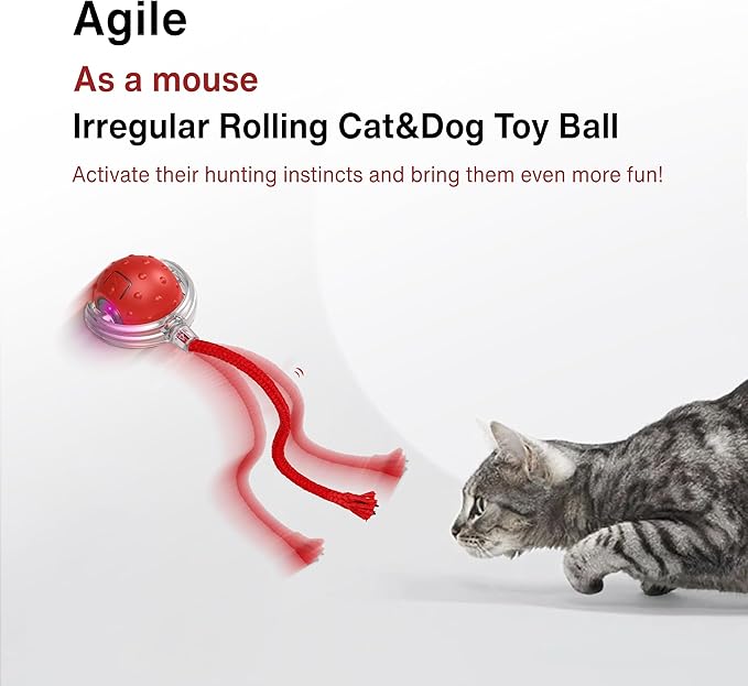 Interactive Cat Toy – Motion Activated Rolling Ball with LED Lights & 3 Play Modes & Two Different Tails - Best Toy for Indoor Cats & Kittens to Stay Active and Stimulate Hunting Instinct (Red)-Mewly Pet