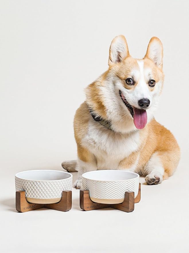 Ceramic Dog Bowl Set, 4 Cups Food and Water Bowl for Medium Small Dogs, Cute Pet Dishes with Wood Stand, Rhombus+Wave Design (Set of 2)-Mewly Pet