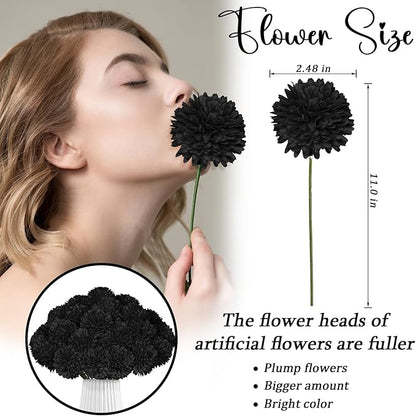 36 Pcs Black Artificial Chrysanthemums Flowers Ball Flower Silk Fake Mums Flowers for Halloween Ghothic Home Decor Indoor Floral Arrangement Table Centerpiece