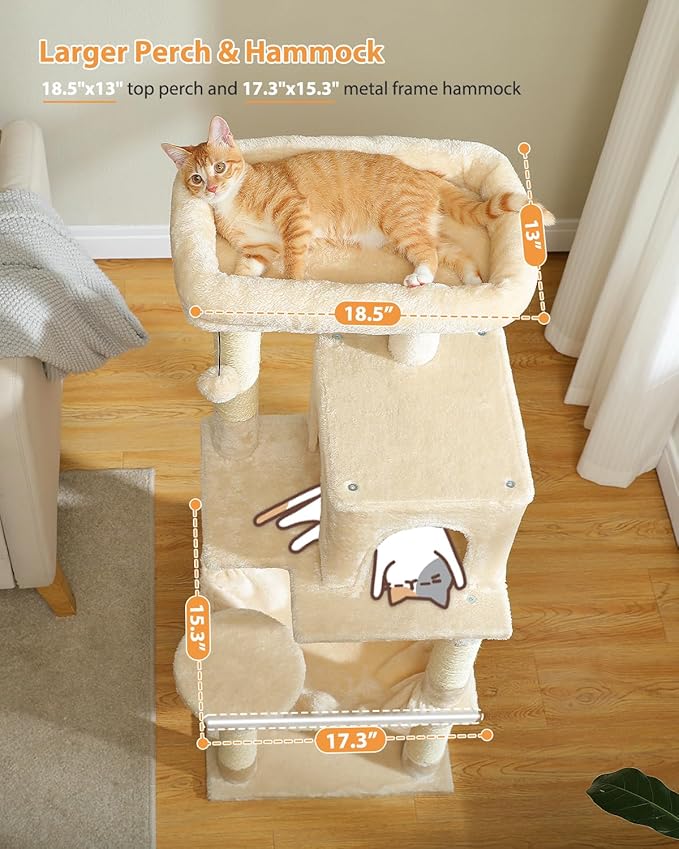 PETEPELA 45.7" Cat Tree for Indoor Cats, 5-Level Cat Tower for Large Cats with Metal Frame Large Hammock (17.3"x15.3"), Cat Condo with (18.5"x13") Big Top Perch & 4 Sisal Covered Scratching Post Beige-Mewly Pet
