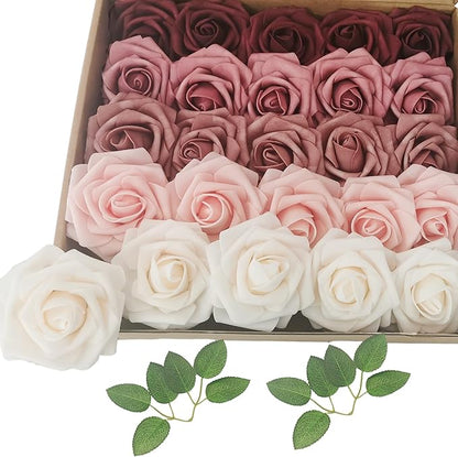 Artificial Flowers 25pcs Roses, Shade of Burgundy Foam Fake Rose Faux Flower for DIY Wedding Bouquets Bridal Shower Centerpieces Floral Arrangements Party Tables Home Decorations