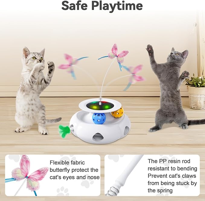 3in1 Interactive Cat Toys Moving Ambush Feather, Spinning Butterfly, Track Balls, Rechargeable Automatic Activated Kitten Toys for Indoor Cats, Cat Feather Toy for All Breeds-Mewly Pet