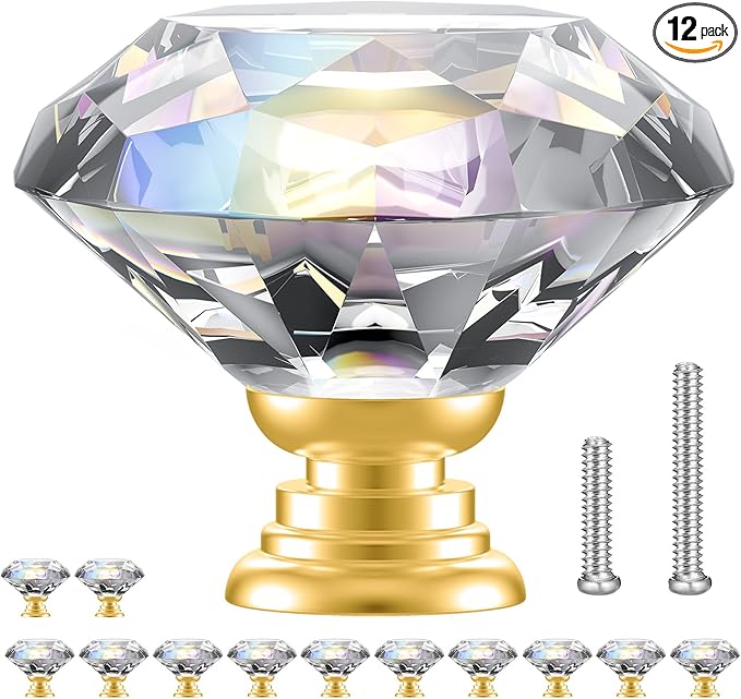 POZEAN Crystal Drawer Knobs 12Pack, 1.18inch Glass Knobs for Cabinet, Dresser with Two Different Sizes Screws, Diamond Glass Pulls Handles (30mm, 12Pack, Clear-Gold)