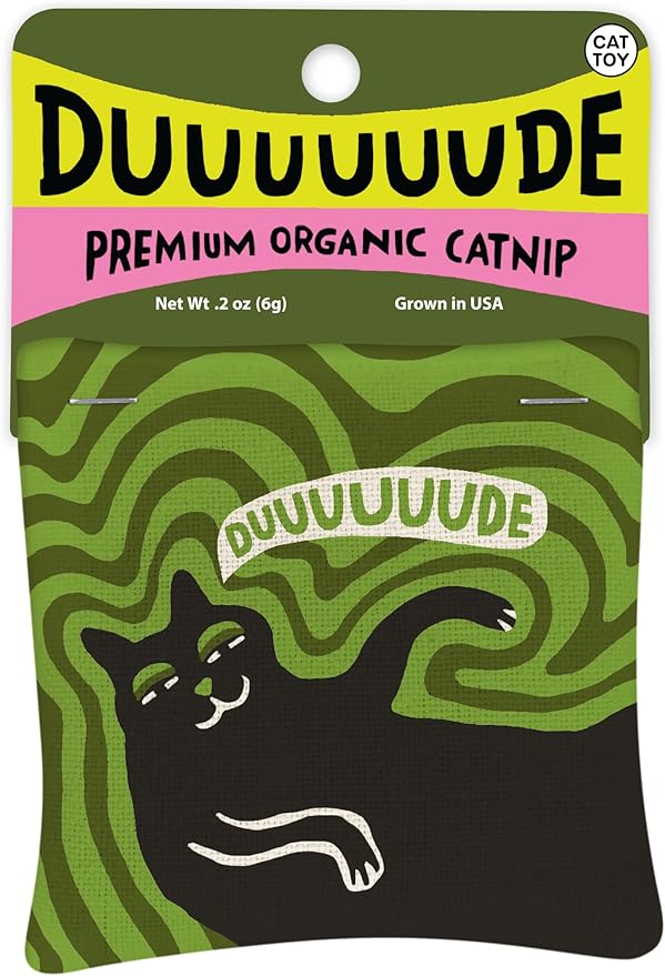 Blue Q Duuuuuuude Catnip Cat Toy. Premium Organic Catnip Grown in The USA, 100% Cotton Pouches, Kitty Graphics Sure to Delight Every Cat-Keeper.-Mewly Pet