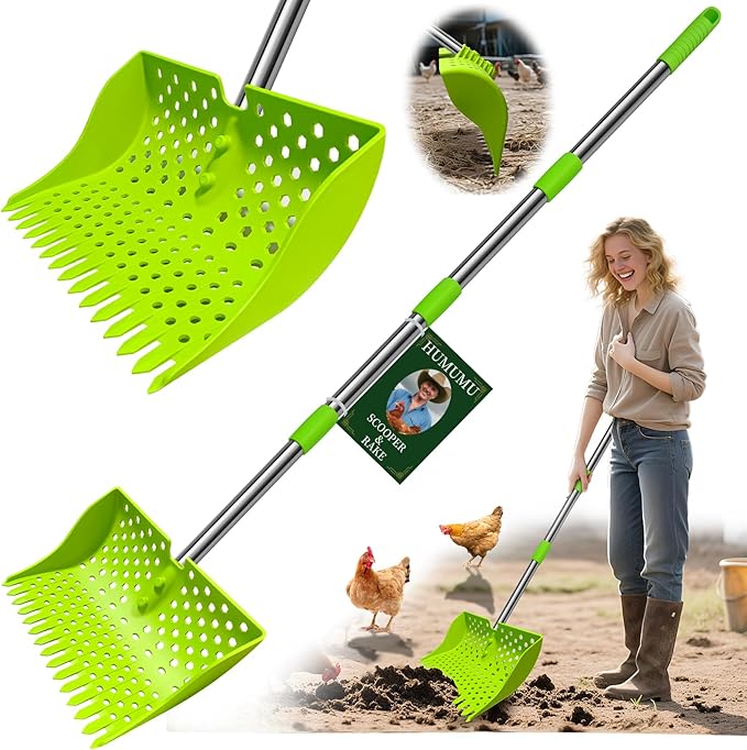 12-Inch 2-in-1 Chicken Poop Scooper & Rake – US Patent Pending – 3-Shape Sifting Holes Chicken Coop Rake，Stainless Steel Handle （20–61"）– Litter Scoop Sand & Sifting Shovel for Chicken Coops(Green)-Mewly Pet