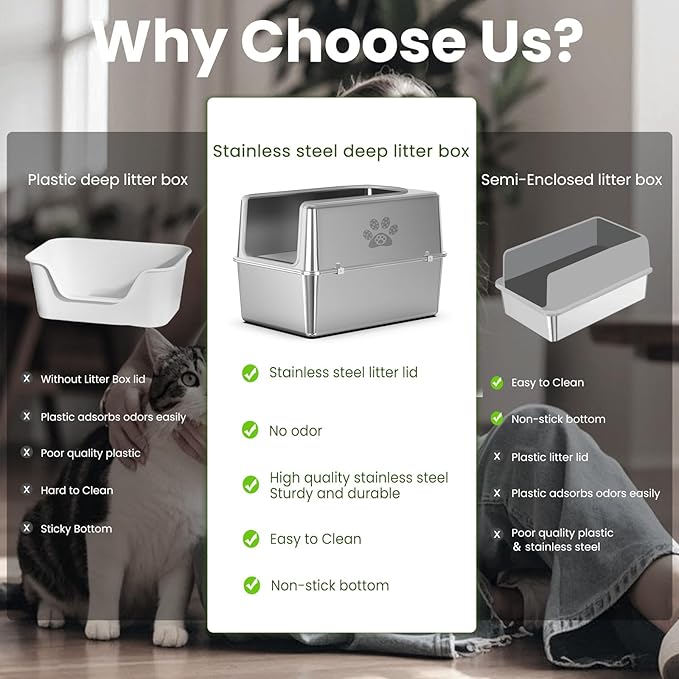 Enclosed Stainless Steel Cat Litter Box with Lid, XL Metal Litter Box for Big Cats, Extra Large Cat Toilet with High Side, Non-Stick, Anti-Leakage, Odorless, with Cats Litter Mat & Litter Scoop-Mewly Pet
