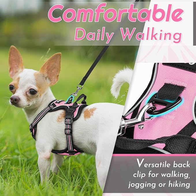 Eagloo Small Dog Harness No Pull, Service Vest with Reflective Strips and Control Handle, Adjustable and Comfortable for Easy Walking, No Choke Pet Harness with 2 Metal Rings, Pink, XS-Mewly Pet