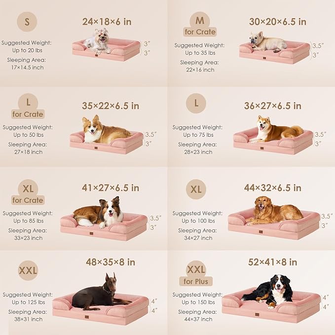 EHEYCIGA Orthopedic Dog Beds for Large Dogs, Waterproof Memory Foam Large Dog Bed with Sides, Non-Slip Bottom and Egg-Crate Foam Pet Couch Bed with Washable Removable Cover, Dusty Pink-Mewly Pet