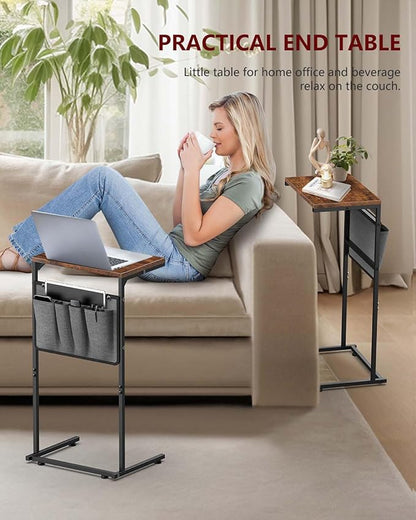 Vantic C Shaped End Table Set of 2, Small Side Table for Couch and Recliner, Slide Under Sofa Tray Desk with Storage Bag for Living Room and Bedroom, Rustic Brown