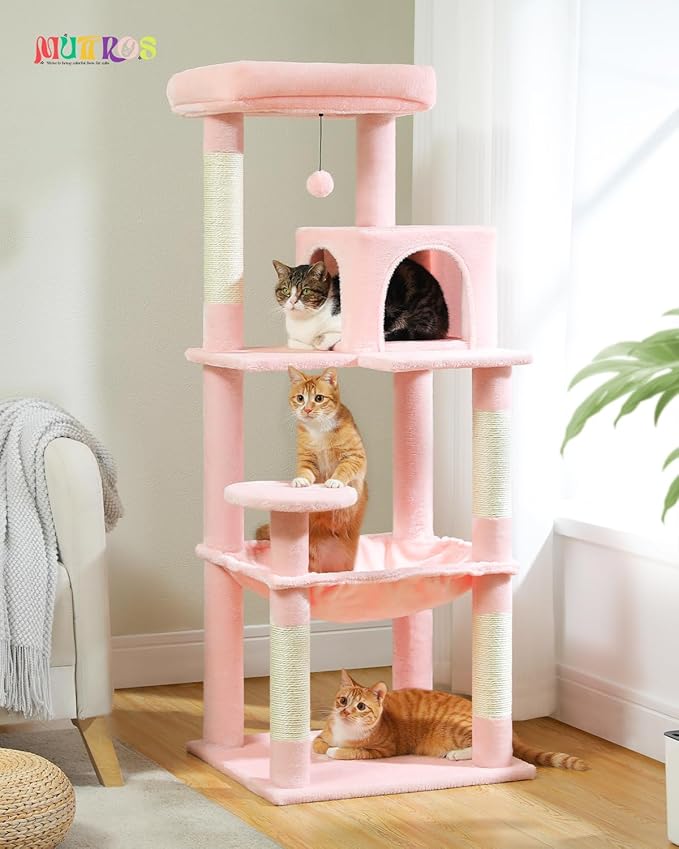 Cat Tree for Large Cats Adult with Metal Plush Big Hammock, 56.3" Cat Tower with 2 Door Condo House, 6-Tier Cat Shelves with Scratching Posts and Large Top Perch, Light Pink-Mewly Pet