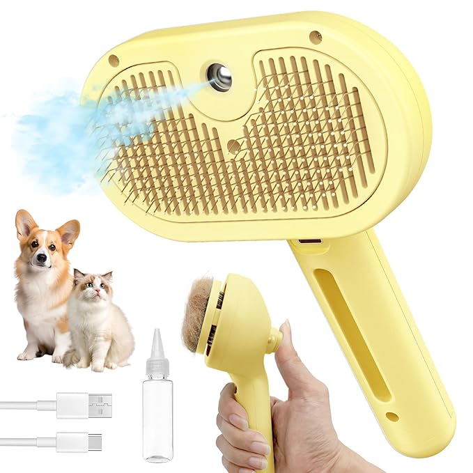 3 In 1 Self-Cleaning Steamy Brush for Pet Grooming - Anti-Static Flying Hair Spray, Removes Loose Hair and Reduces Shedding for Long and Short Fur, Yellow-Mewly Pet