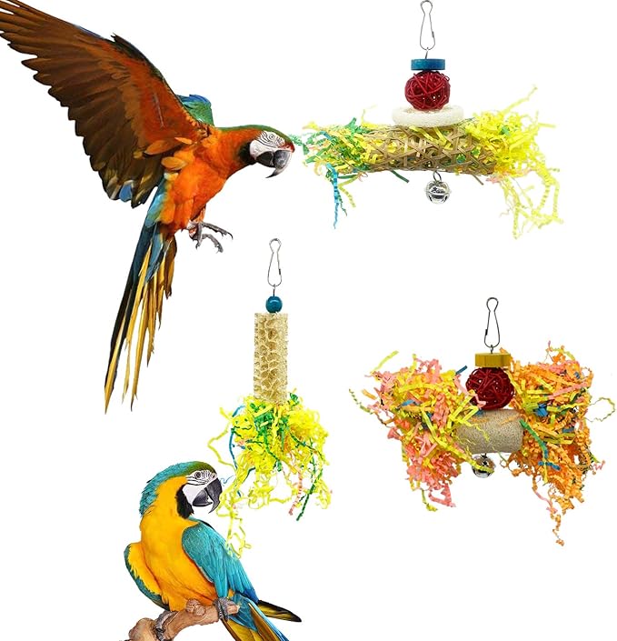 EBaokuup Bird Parrots Shredding Toys Parakeet Chewing Toys Bird Loofah Toys Parrot Cage Shredder Toys Bird Foraging Hanging Toys Bird Accessories for Parrots Lovebird Cockatiel Conure African Grey-Mewly Pet