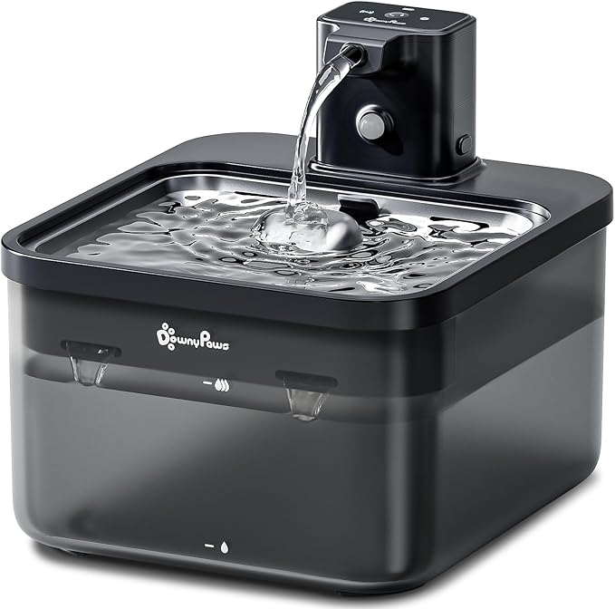DownyPaws Cat Water Fountain Stainless Steel Cordless, 84oz/2.5L Fursink Wireless Pet Water Fountains for Cats Indoor, Battery Operated Cat Drinking Fountain, Ultra Quiet Pump, BPA-Free, Black-Mewly Pet