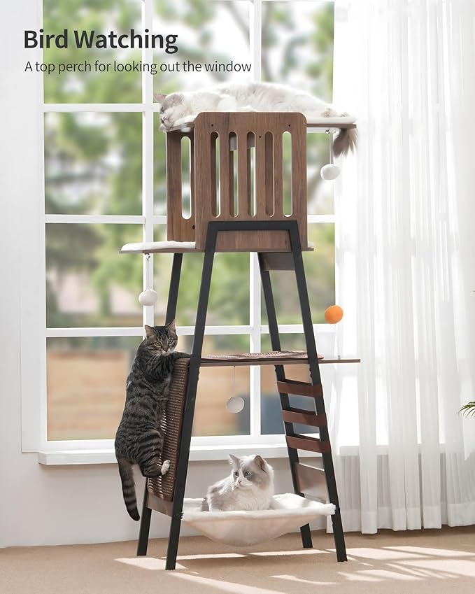 FourFurPets Modern Cat Tree, 58-Inch Cat Tower for Large Cats, Maine Coon Cat Tree with Scratching Board, Large Perch, Hammock and Removable Pads, Greige-Mewly Pet