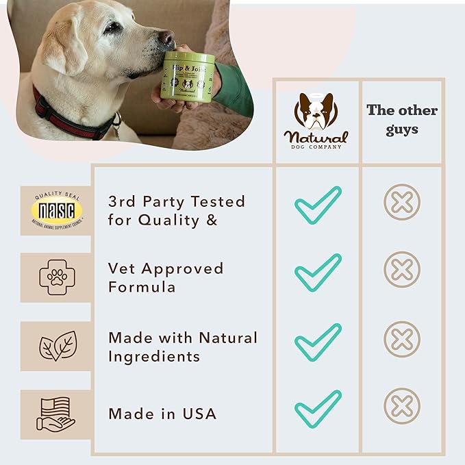 Natural Dog Company Hip & Joint Chews, Chicken Liver & Turmeric Flavor, with Glucosamine Chondroitin for Dogs, Maintains Bone and Joint Health, Supplements for Seniors and Puppies, 90 Count-Mewly Pet