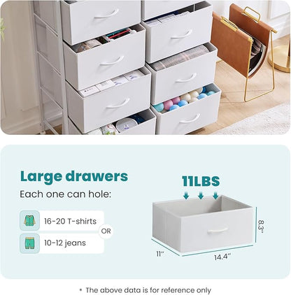 OLIXIS Dresser for Bedroom, 8 Storage Drawers, Tall Large Fabric Storage Tower Organizer, Chest of Drawers with Metal Frame Wooden Top for Nursery, Closet, Living Room, Entryway, Classic White