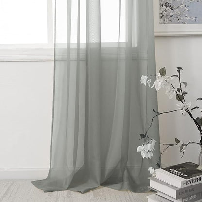 HUTO Sage Grey Sheer Window Curtains 52 by 63 Inch Length Rod Pocket Window Sheer Panels Drapes 2 Panels Curtains for Bedroom Living Room Nursery