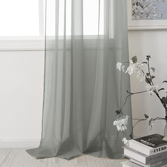 HUTO 2 Pieces Sage Grey Sheer Window Curtains Panels for Bedroom Rod Pocket Window Sheer Curtains Drapes 52 by 72 Inches Long for Living Room