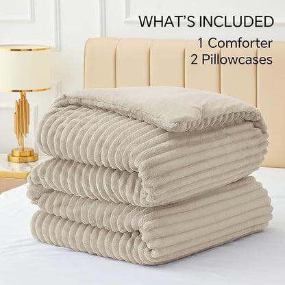 BEDELITE Fleece Queen Comforter Set -Super Soft & Warm Fluffy Linen Bedding, Luxury Fuzzy Heavy Bed Set for Winter with 2 Pillow Cases