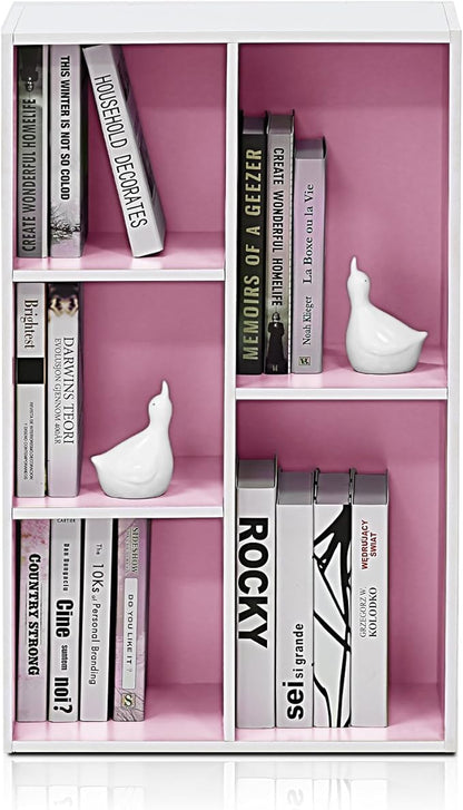 Furinno LUDER Book Shelf, 5-Cube Bookshelf, Reversible Bookcase, 9.4" x 19.5" x 31.5", for Living Room, Bedroom, Home Office, White/Pink