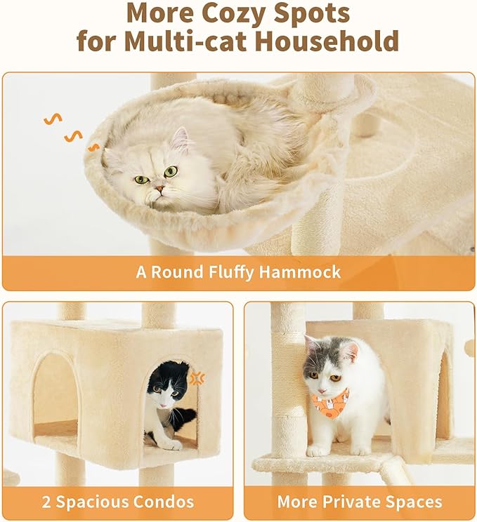 Made4Pets Tall Cat Tree, 80" Cat Tree Tower for Indoor Cats Large Adult, Modern Cat Tower with Scratching Post, Cozy Hammock, 3 Perches and 2 Condos, Sturdy and Fluffy, Beige-Mewly Pet