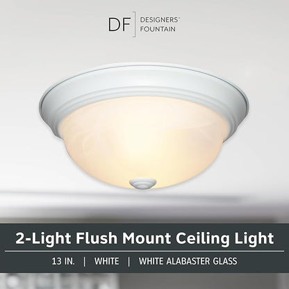 DESIGNERS FOUNTAIN Reedley 2-Lights Flush Mount Ceiling Light, 13 Inch Lighting Fixture for Kitchen, Bedroom, Bathroom, and Hallway, White Alabaster Glass, White, 1257M-WH-AL
