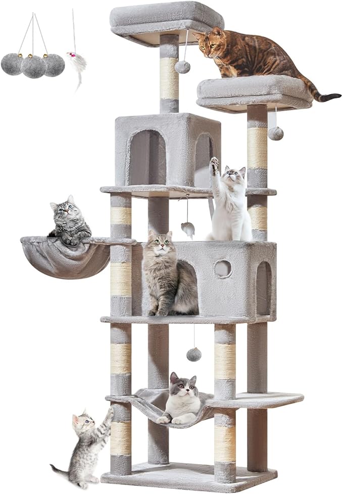 Taoqimiao Large Cat Tree，73-Inch Cat Tree Tower with 9 Scratching Posts for Indoor Cats, 2 Large Cat Condo with Hammock, Hanging Basket, 2 Extended Platform, Light Gray MS013XLW-Mewly Pet