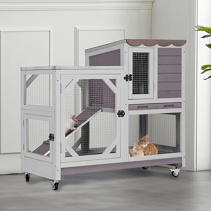 AIVITUVIN 2-Story Rabbit Hutch Indoor for 2-4 Rabbits & Guinea Pigs Wooden Small Animal Cage Guinea with Chew-Proof Design & Slide-Out Trays Bunny Cage with Lockable Wheels-Mewly Pet