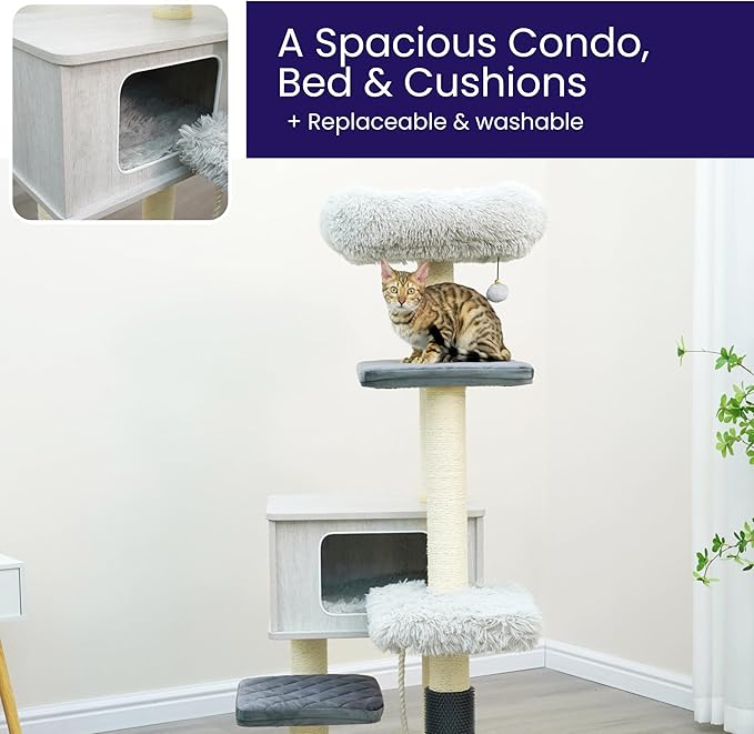 Catry Kasio 6 Level 54" High Modern Cat Tree with Laminated Wood Condo,Replaceable Scratching Posts,Removeable Washable Beds, Self Grooming Brush and Toys.(Light Gray)-Mewly Pet