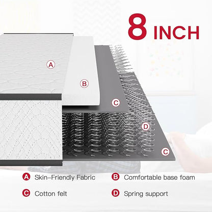 PayLessHere | 8 Inch King Mattress | Medium Firm Hybrid Mattress | White | with High-Density Foam and Breathable Cover | Pocket Spring Design, Pressure Relief | Bed in a Box, CertiPUR-US Certified