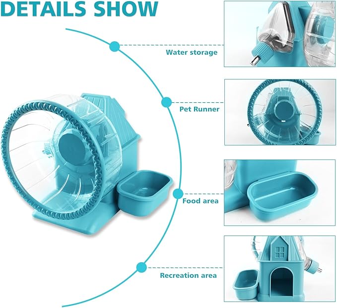 4 in 1 Silent Large Hamster Wheel Multifunctional Hamster Running Wheel Quite Running Spinner Wheel Accessories with Food Bowl Water Bottle for Hamsters Dwarf Gerbil (Blue)-Mewly Pet