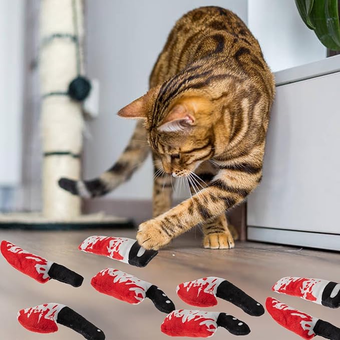 8pcs Catnip Toy, Indoor Knife Shaped Cat Toy Horror Plush Interactive Chew Bite Toys for Halloween Christmas Cat Kitten Indoor Festive Holiday Cat Lover Gift-Mewly Pet