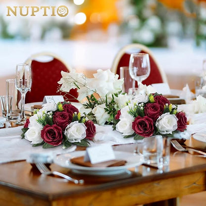 NUPTIO Flower Wedding Centrepieces for Tables - 6 Pcs 9.5in Diameter Burgundy & White Artificial Flowers Rose Ball for Centerpieces Table - Fake Rose Arrangements for Weddings Birthday Party Decor