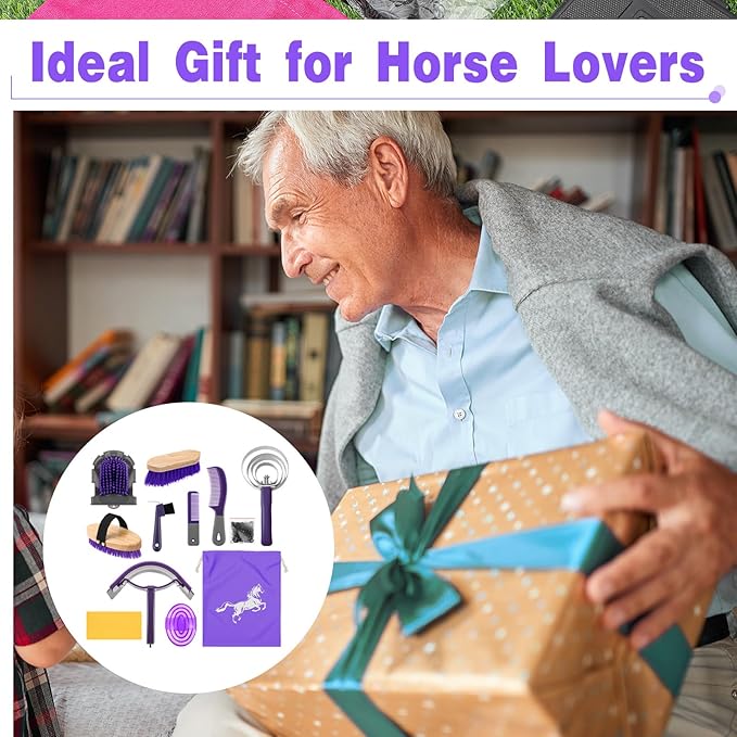 Abbylike 12 Pieces Horse Grooming Kit Racing Festival Tack Room Supplies Horse Brush Sets Equine Care Cleaning Kit Shedding Grooming Massaging Tools(Gray and Purple)-Mewly Pet