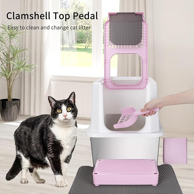 RIZZARI Stainless Steel Cat Litter Box, Odorless Enclosed Litter Box with Top Holes, Large Litter Pan for Small to Large Sized Cats (Dark Pink, 24" L*16" W*18" H)-Mewly Pet