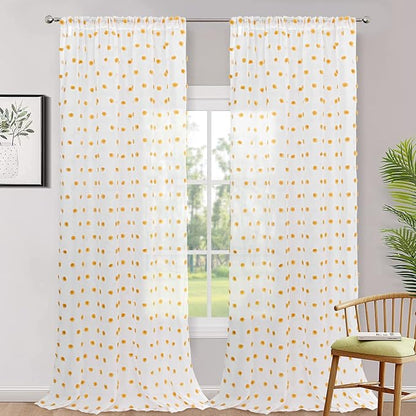 MYSKY HOME Living Room Curtains 2 Panels 95Inch Orang White Sheer Curtains for Bedroom Windows Light Filtering Semi Cute Pom Pom Curtains Sliding Door Extra Long Rod Pocket Backdrop 52" x 95"