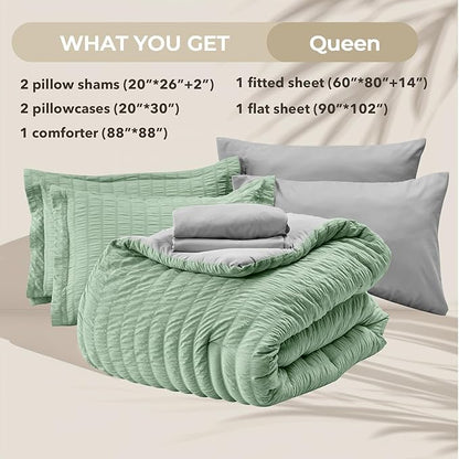 HYMOKEGE Sage Green/Light Grey Queen Comforter Set Seersucker 7 Pieces, All Season Luxury Bed in a Bag Queen for Bedroom, Bedding Set with Comforter, Sheets, Pillowcases & Shams