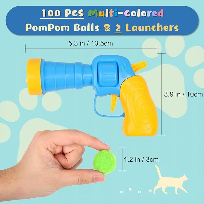 Low Noise Interactive Cat Ball Launcher Gun, 2 Noise-Reduced Launchers (New Upgraded), 100 Pcs Colorful Silent Plush Pom Pom Balls (1.2 inches), with 4 Pcs Cat Spring Toy-Mewly Pet