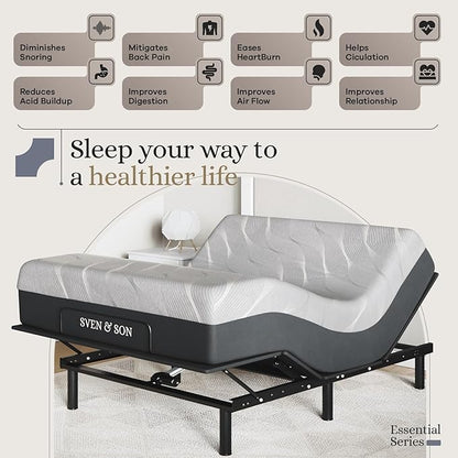 Sven and Son Essential Adjustable Bed Base (Frame) + 12 inch Memory Foam Matt (Medium), Easy Assembly, Head and Foot Lift, Memory Positions, Zero Gravity, Wireless Remote - Full