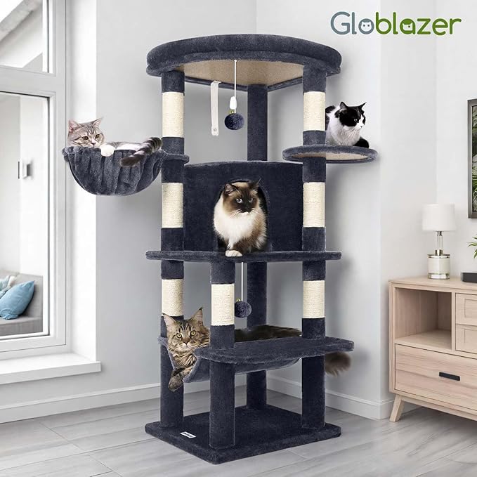 Globlazer Corner Cat Tree Tower for Indoor Cats, 51in Multi-Level Cat Condo Tower with Large Hammock, 7 Sisal Scratching Posts, Oversized Top Perch, Spacious Cat Cave, Hanging Basket, C51, Dark Grey-Mewly Pet