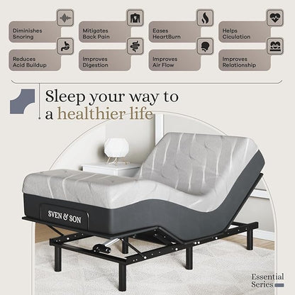 Sven and Son Essential Adjustable Bed Base (Frame) + 14 inch Hybrid Spring Matt (Medium Soft), Easy Assembly, Head and Foot Lift, Memory Positions, Zero Gravity, Wireless Remote - Twin XL