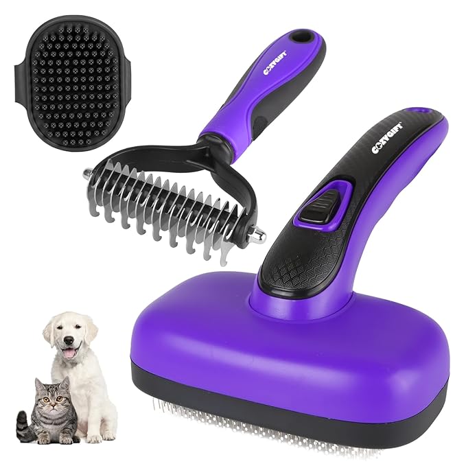 Dog Brush Kit – 3 PCS Grooming Set with Self-Cleaning Brush, Undercoat Rake & Pet Bath Brush. Great for Shedding, Tangles & Dirt Removal – Ideal for Long & Short Haired Dogs & Cats, Purple-Mewly Pet