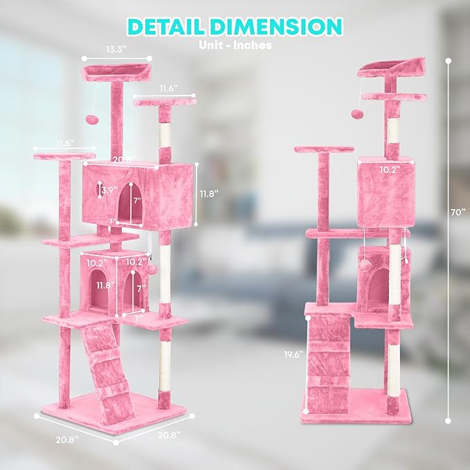 FDW Cat Tree 70in Cat Tower Multi-Level Durable Cat Scratching Post & Cozy Fun Cat Jumping Platform Space Saving Cat Condo Pet Play House for Indoor Cats,Pink-Mewly Pet
