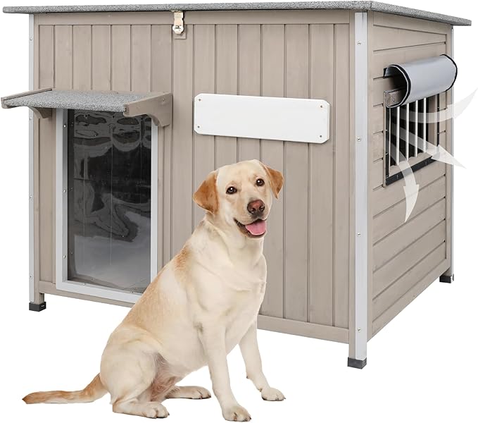Dog House Outdoor Weatherproof & Wooden Dog Kennel with Chew-Proof Iron Frame，Removable Floor, Adjustable Vent Window, Easy Assembly for Large and Medium Dogs 43.3" D x 29.5" W x 33.5" H-Mewly Pet