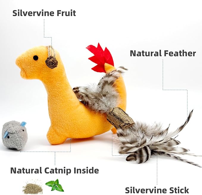 Catnip Toys 3 Pack – Plush Catnip Toy with Gall Fruit & Silvervine Stick with Feathers, Interactive Chew & Kick Toys for Indoor Cats, Relieve Stress & Encourage Exercise-Mewly Pet